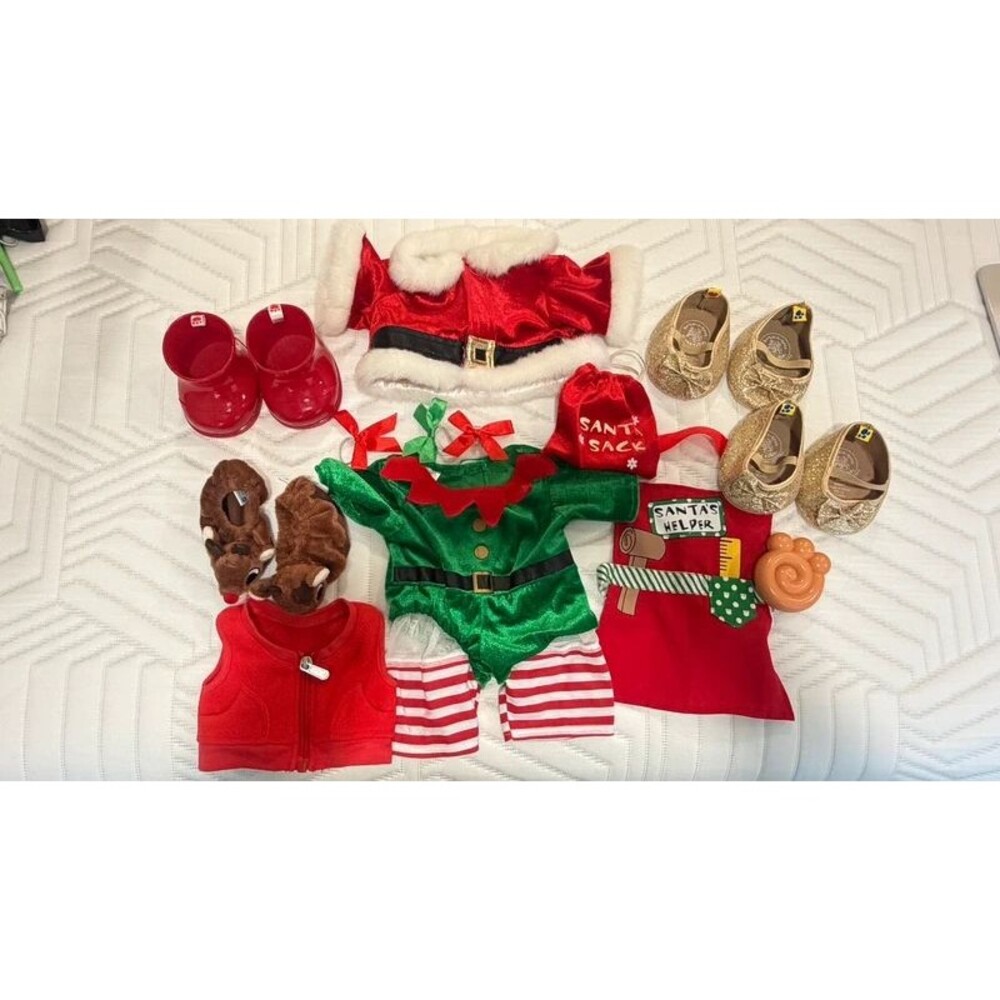 Build A Bear Christmas Outfit Lot Santa Elf Reindeer Sparkle Shoes Clothes